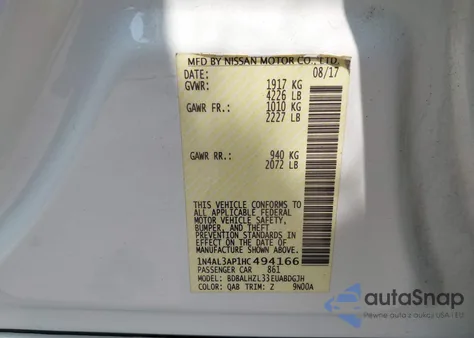 2017 Nissan Altima 2.5 Sr из США, поврежденный, VIN 1N4AL3AP1HC494166